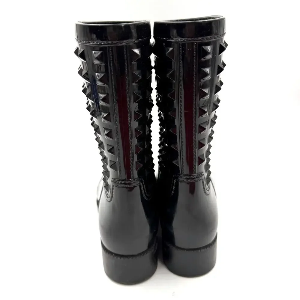 Valentino Rockstud Rainboots‎ Black Mid Calf Rubber Waterproof Sz 37 / 7 Women's